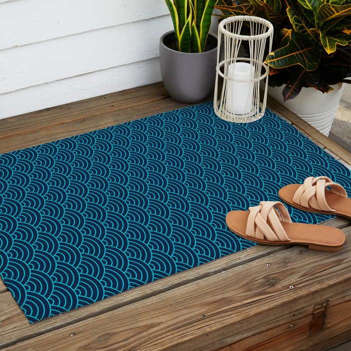 Japanese Seigaiha Blue Sea and Waves Outdoor Rug Gallery Image 2