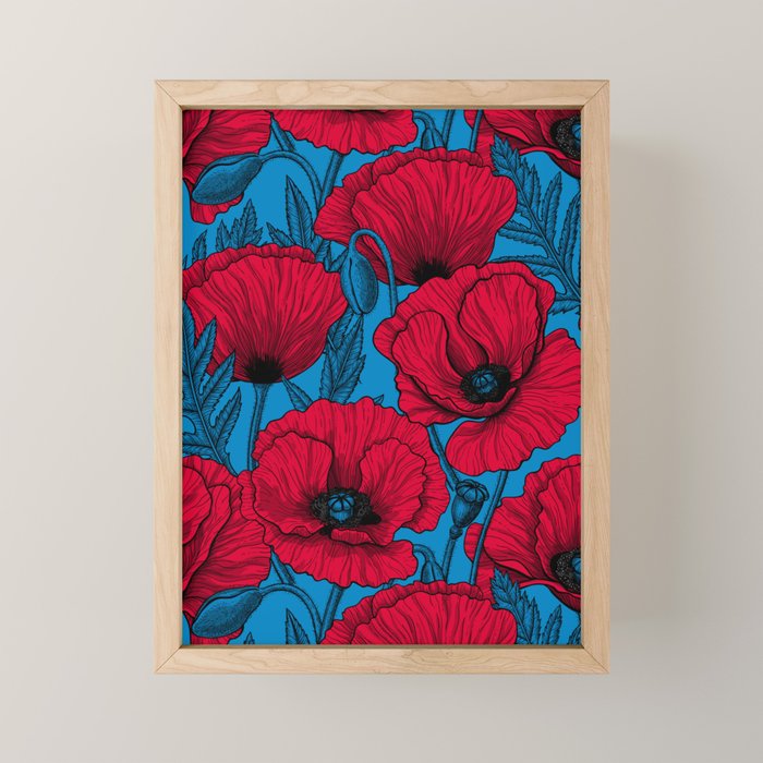 Red poppy garden on blue Mini Art Print Gallery Image 1