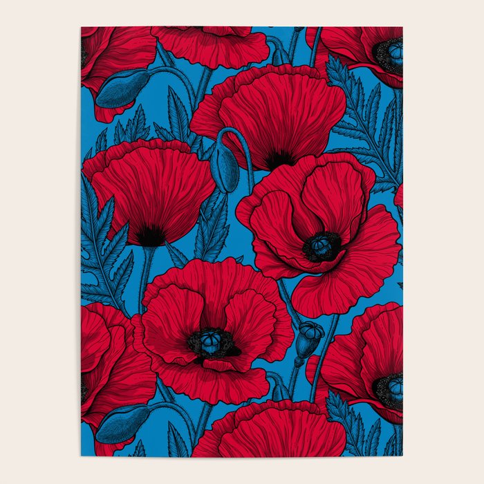 Red poppy garden on blue Poster Gallery Image 4