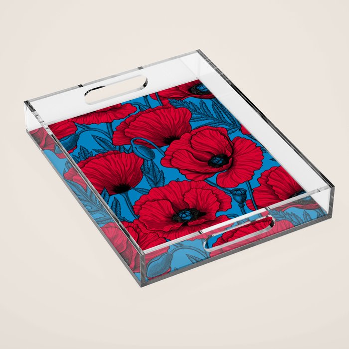 Red poppy garden on blue Acrylic Tray Gallery Image 1