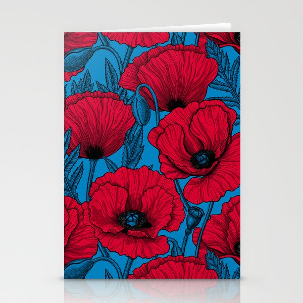 Red poppy garden on blue Stationery Card Gallery Image 2