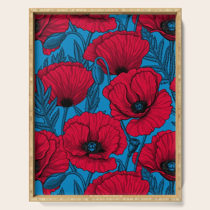 Red poppy garden on blue Serving Tray Gallery Image 1