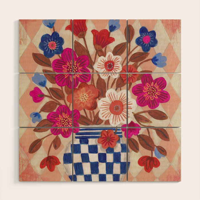 Still life Vase with Bouquet Bright colours Wood Wall Art Gallery Image 1