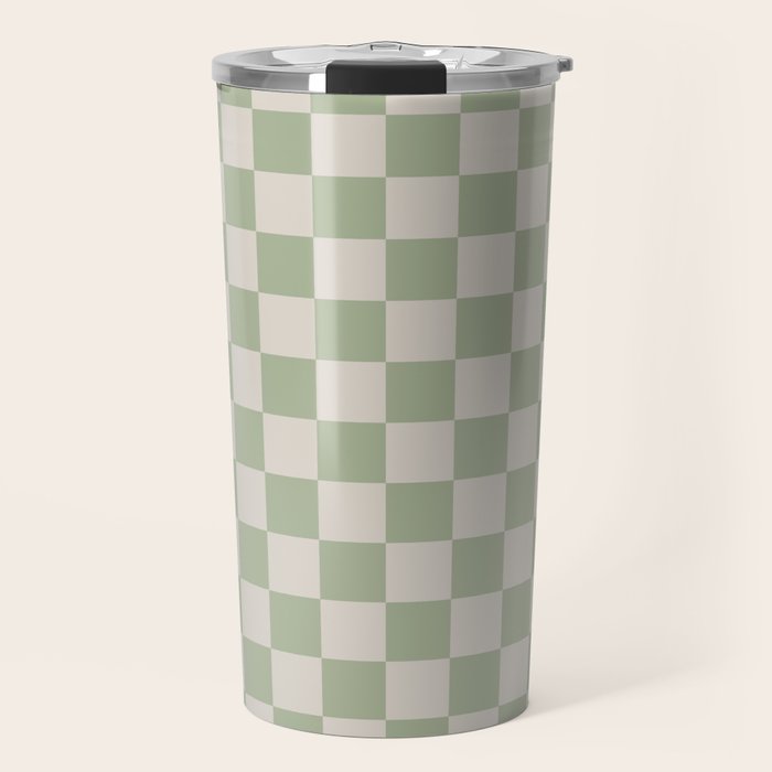Checkerboard Check Checkered Pattern in Sage Green and Beige Travel Mug Gallery Image 1