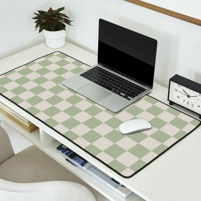 Checkerboard Check Checkered Pattern in Sage Green and Beige Desk Mat Gallery Image 2