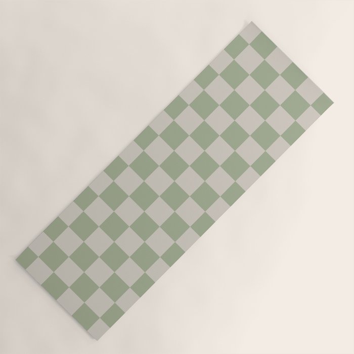 Checkerboard Check Checkered Pattern in Sage Green and Beige Yoga Mat Gallery Image 1