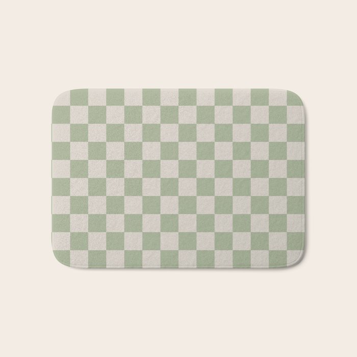Checkerboard Check Checkered Pattern in Sage Green and Beige Bath Mat Gallery Image 1