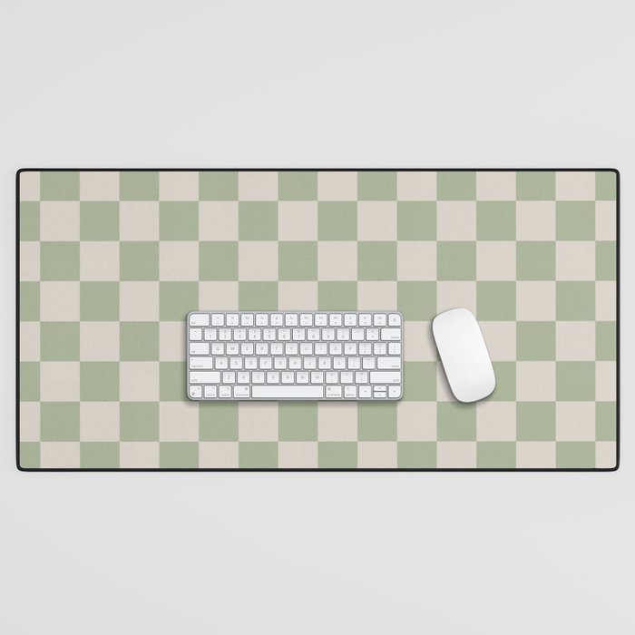 Checkerboard Check Checkered Pattern in Sage Green and Beige Desk Mat Gallery Image 1