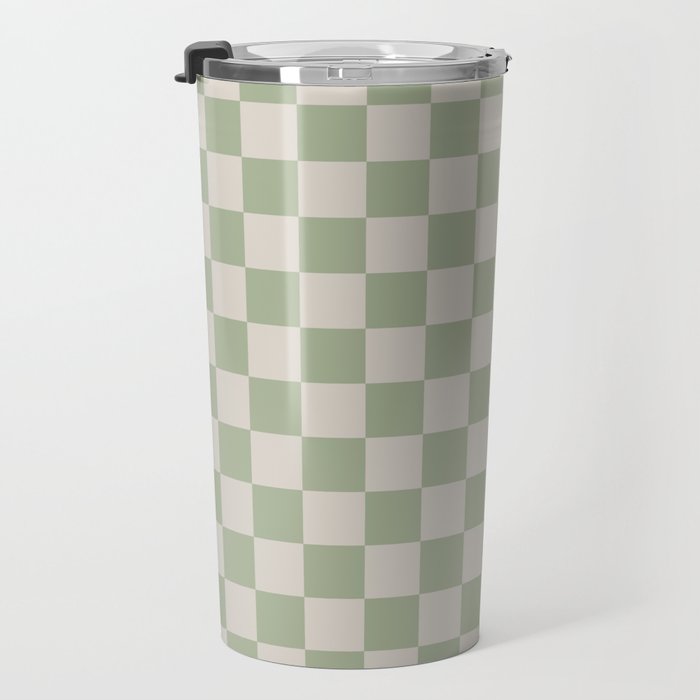 Checkerboard Check Checkered Pattern in Sage Green and Beige Travel Mug Gallery Image 3