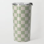 Checkerboard Check Checkered Pattern in Sage Green and Beige Travel Mug Gallery Image 2