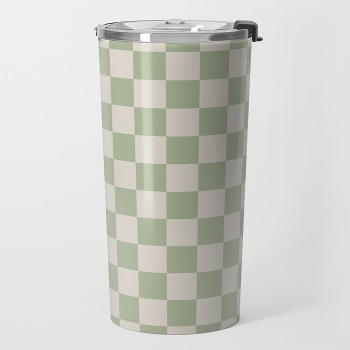 Checkerboard Check Checkered Pattern in Sage Green and Beige Travel Mug Gallery Image 2