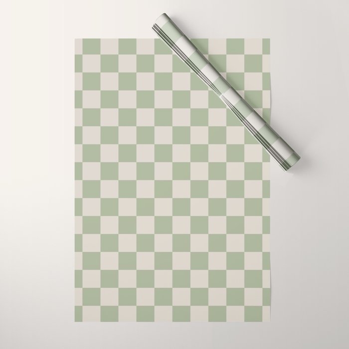 Checkerboard Check Checkered Pattern in Sage Green and Beige Wrapping Paper Gallery Image 1