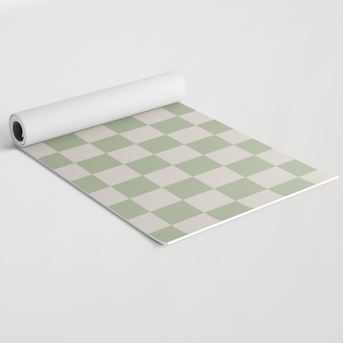 Checkerboard Check Checkered Pattern in Sage Green and Beige Yoga Mat Gallery Image 2