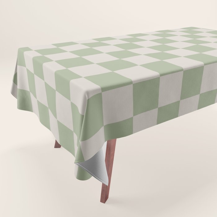 Checkerboard Check Checkered Pattern in Sage Green and Beige Tablecloth Gallery Image 1
