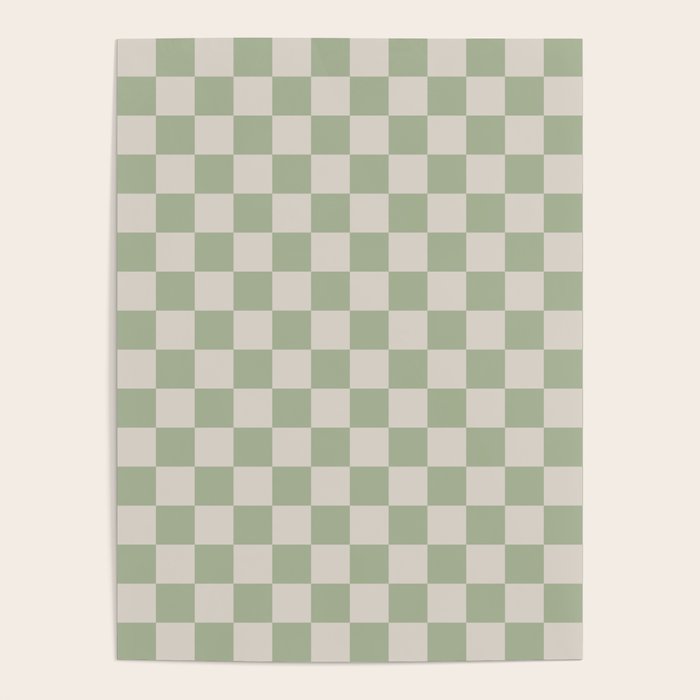 Checkerboard Check Checkered Pattern in Sage Green and Beige Poster Gallery Image 1
