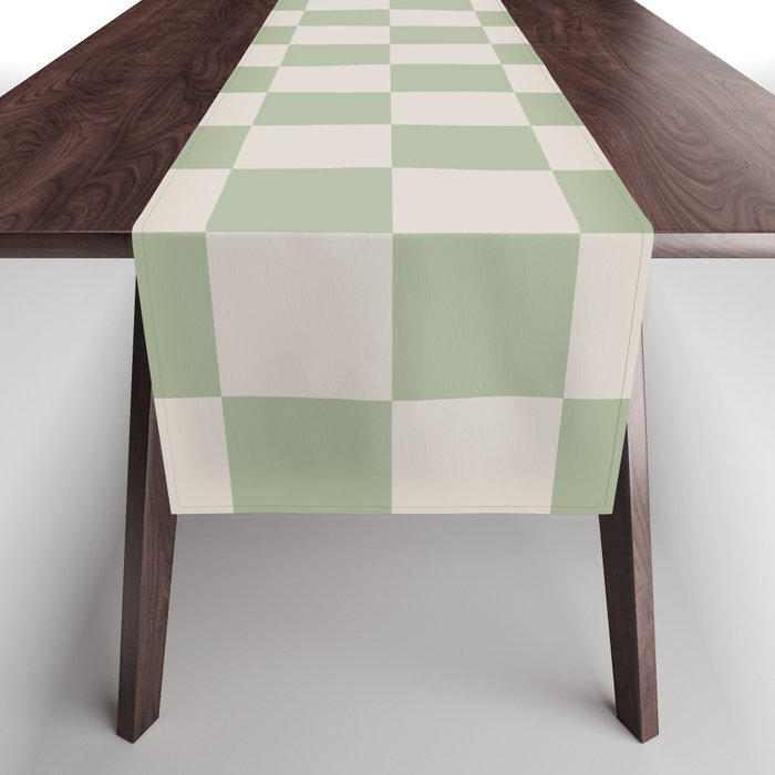 Checkerboard Check Checkered Pattern in Sage Green and Beige Table Runner Gallery Image 1