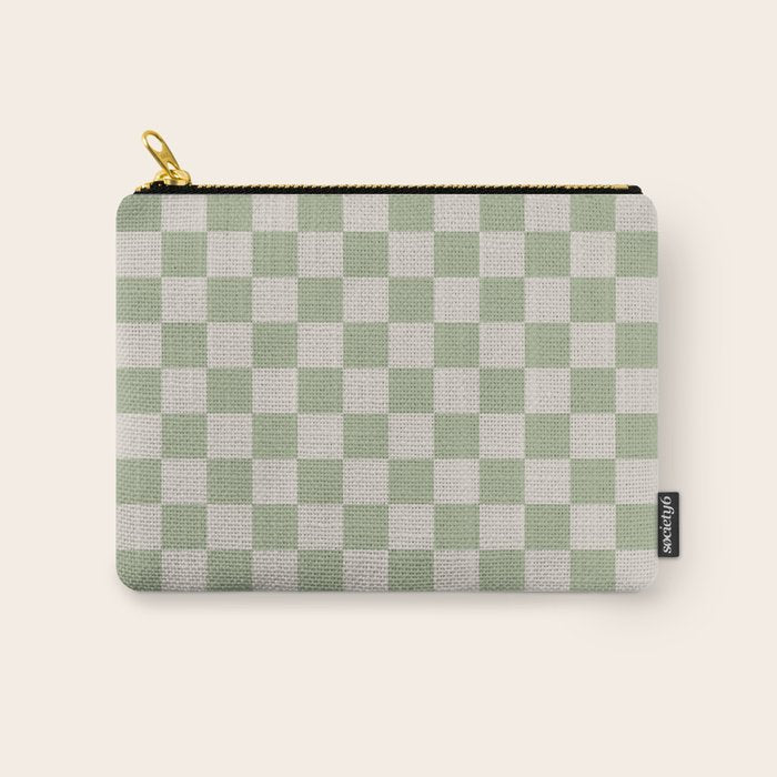 Checkerboard Check Checkered Pattern in Sage Green and Beige Carry All Pouch Gallery Image 1