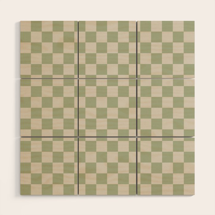 Checkerboard Check Checkered Pattern in Sage Green and Beige Wood Wall Art Gallery Image 1