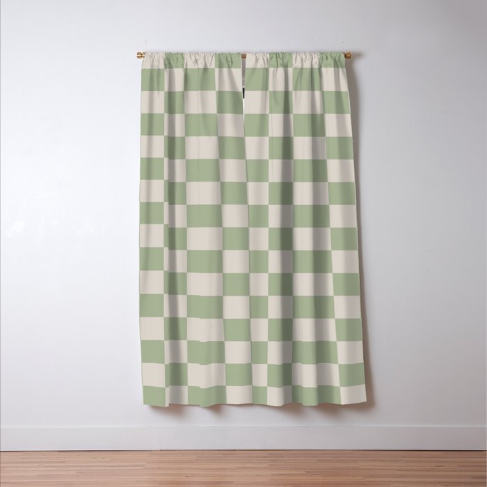 Checkerboard Check Checkered Pattern in Sage Green and Beige Window Curtain Gallery Image 3