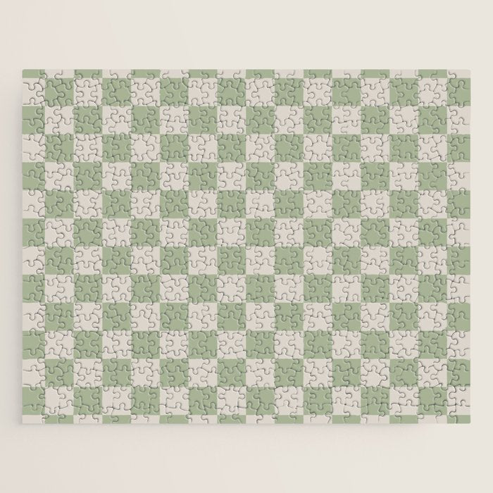 Checkerboard Check Checkered Pattern in Sage Green and Beige Jigsaw Puzzle Gallery Image 1