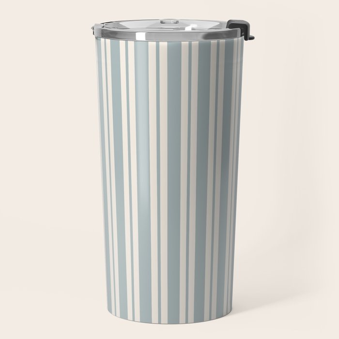Classic Double Stripe Pattern in Light Blue-Gray and Cream  Travel Mug Gallery Image 2