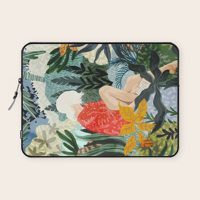 The Distracted Reader | Mindfulness Solo Travel | Bohemian Jungle Botanical Mood | Nature Book Lady Laptop Sleeve Gallery Image 1