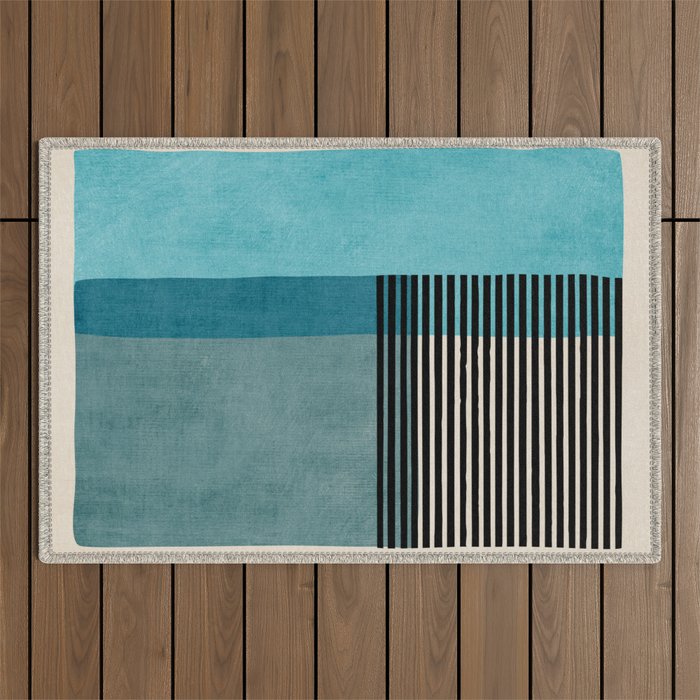 Blue Black Gray Abstract Bold Linen Wall Art 01 Outdoor Rug Gallery Image 1