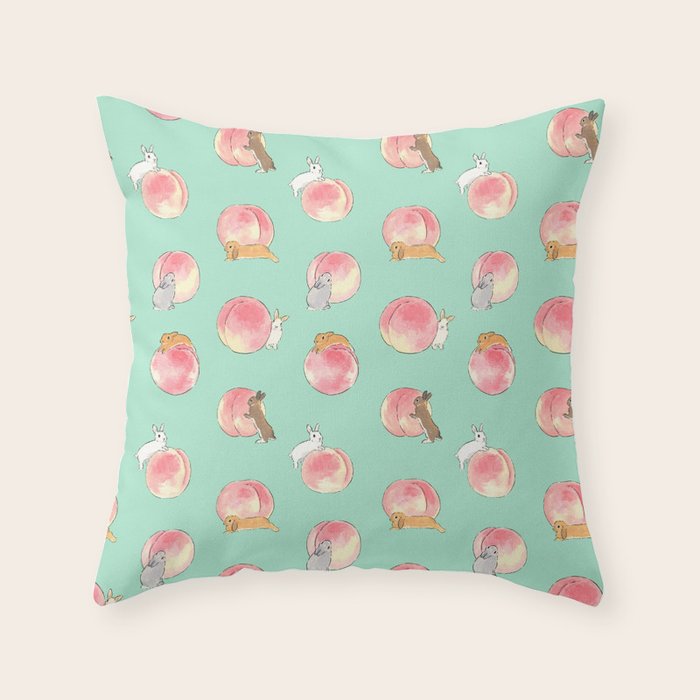 Rabbits and Peaches Throw Pillow Gallery Image 1