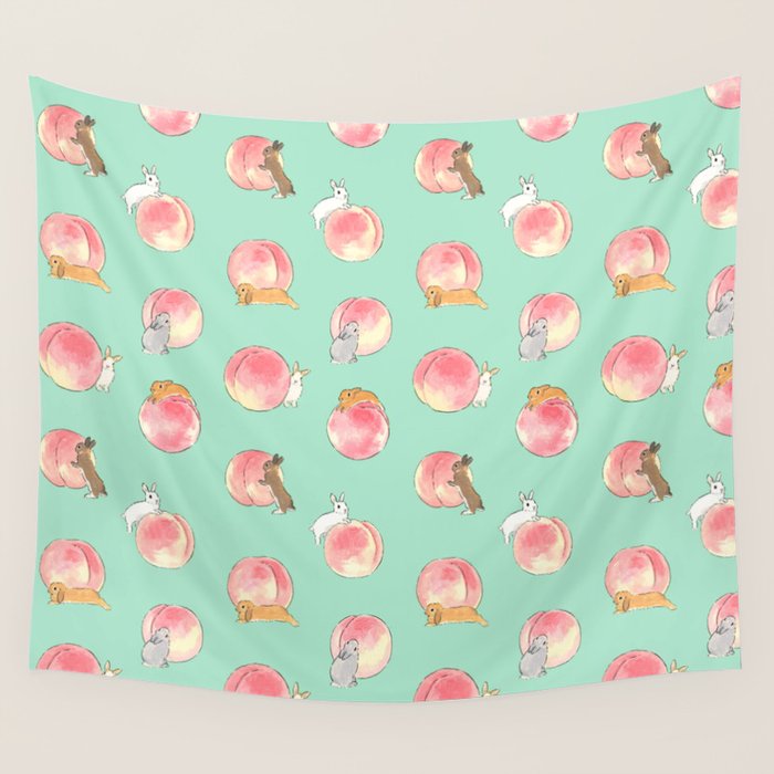 Rabbits and Peaches Wall Tapestry Gallery Image 1