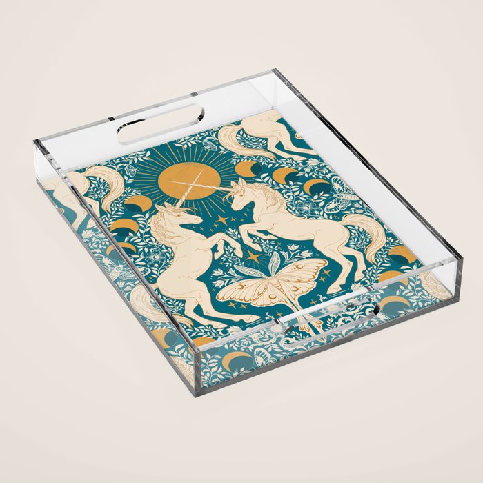Celestial Unicorns In Turquoise and Gold Acrylic Tray Gallery Image 1