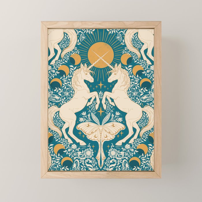 Celestial Unicorns In Turquoise and Gold Mini Art Print Gallery Image 1