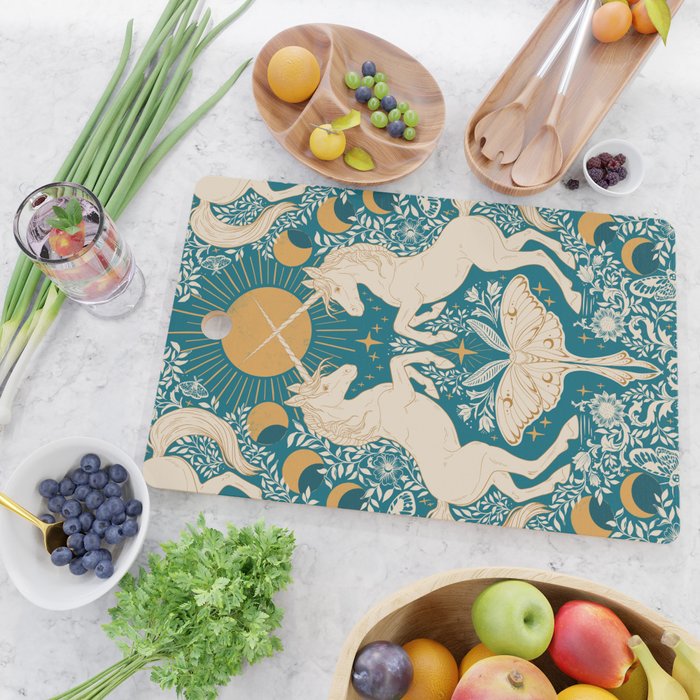 Celestial Unicorns In Turquoise and Gold Cutting Board Gallery Image 2