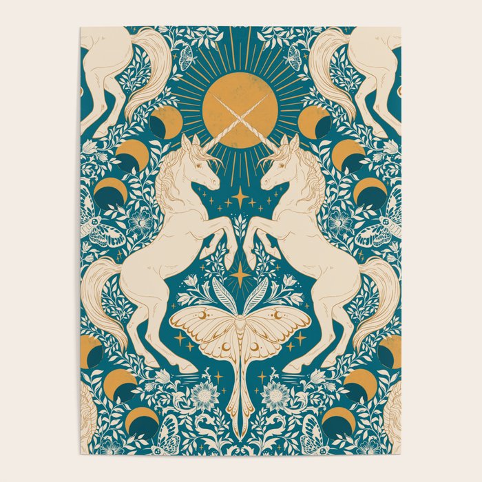 Celestial Unicorns In Turquoise and Gold Poster Gallery Image 4