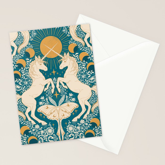 Celestial Unicorns In Turquoise and Gold Stationery Card Gallery Image 2