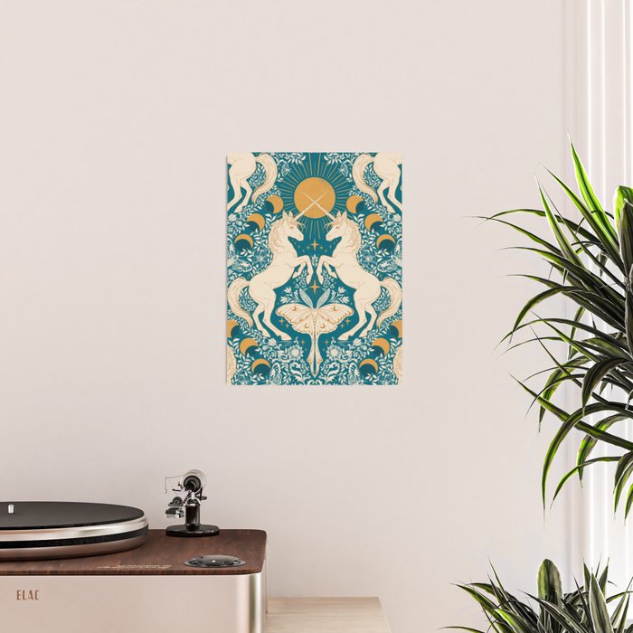 Celestial Unicorns In Turquoise and Gold Poster Gallery Image 2