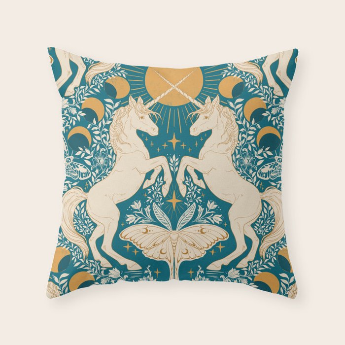 Celestial Unicorns In Turquoise and Gold Throw Pillow Gallery Image 6