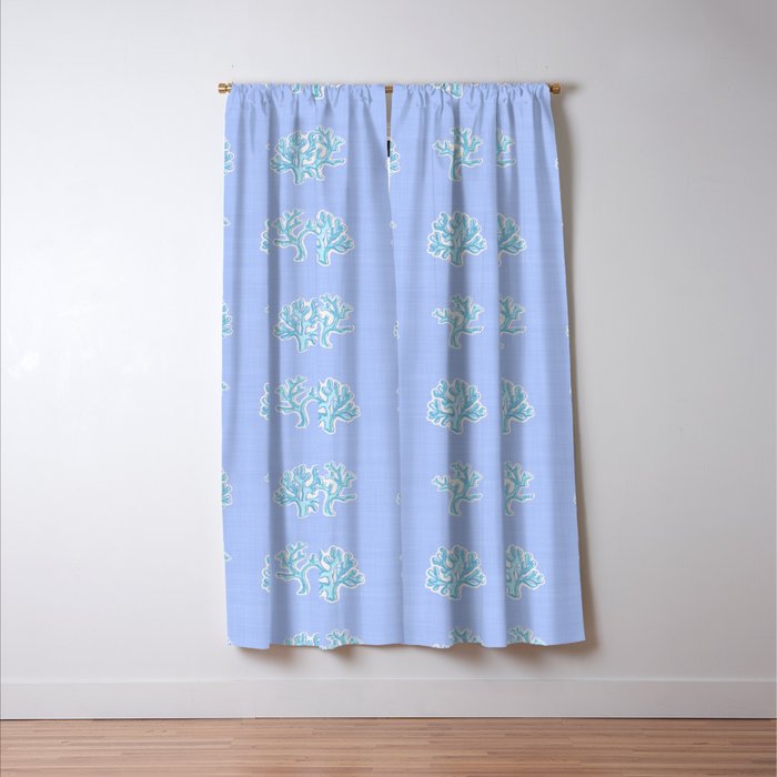 Coastal Coral Block Print in Blue and Aqua Window Curtain Gallery Image 3