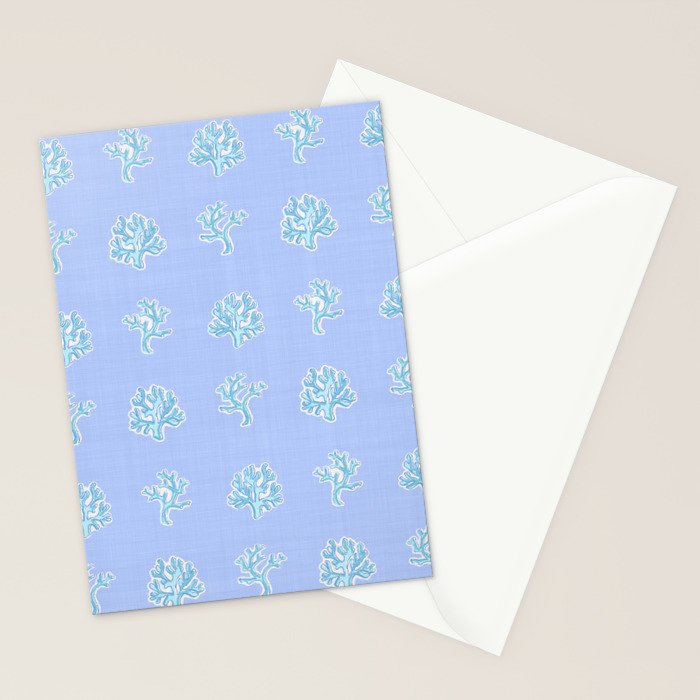 Coastal Coral Block Print in Blue and Aqua Stationery Card Gallery Image 2