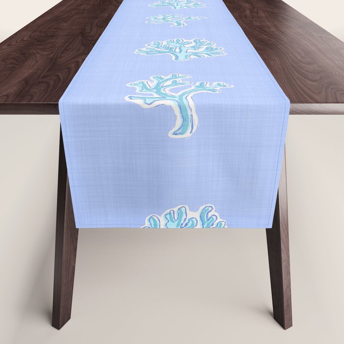 Coastal Coral Block Print in Blue and Aqua Table Runner Gallery Image 1