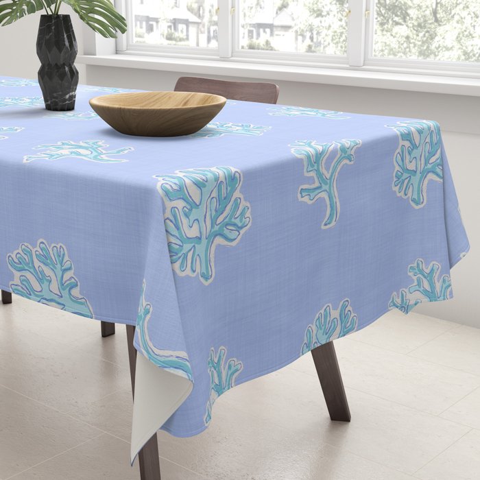 Coastal Coral Block Print in Blue and Aqua Tablecloth Gallery Image 3