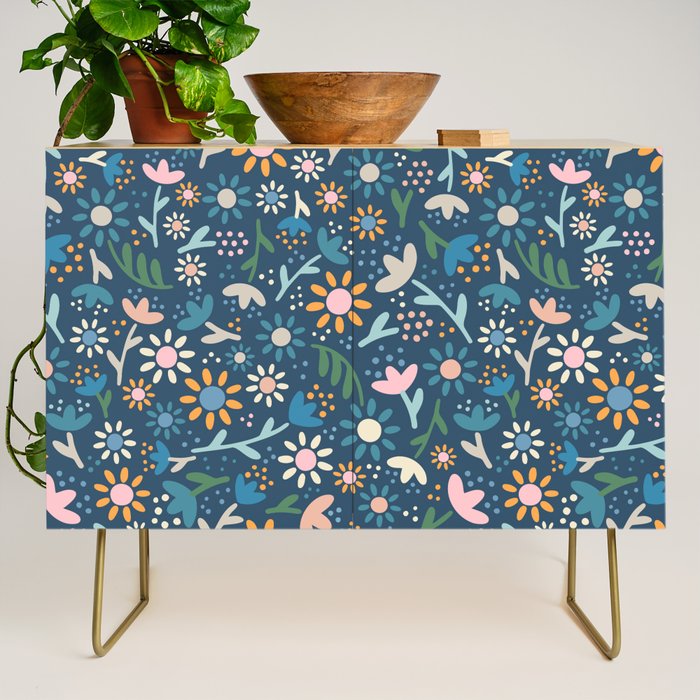 Ditsy Daisy Floral on Blue Credenza Gallery Image 1