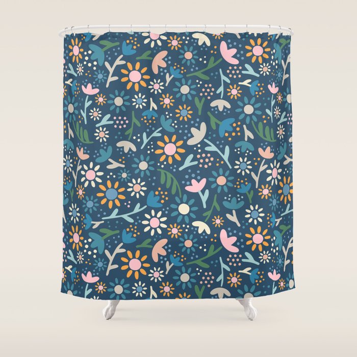Ditsy Daisy Floral on Blue Shower Curtain Gallery Image 1