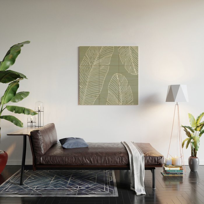 Line Drawing, Green, Palms Print, Boho Wall Art Wood Wall Art Gallery Image 2