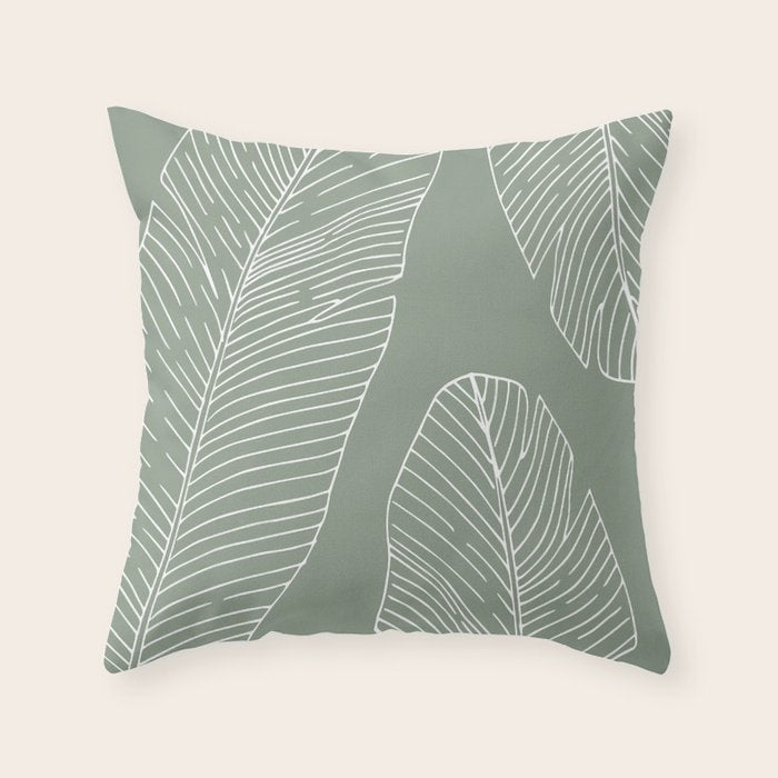 Line Drawing, Green, Palms Print, Boho Wall Art Throw Pillow Gallery Image 1