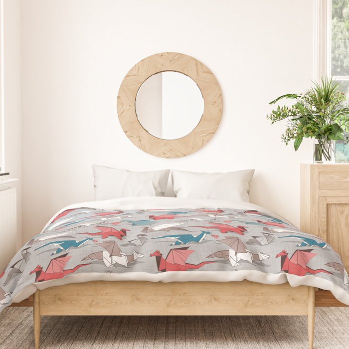 Origami dragon friends // linen texture background blue red grey and taupe fantastic creatures Duvet Cover Gallery Image 3