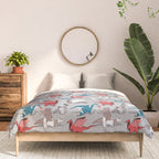Origami dragon friends // linen texture background blue red grey and taupe fantastic creatures Comforter Gallery Image 3