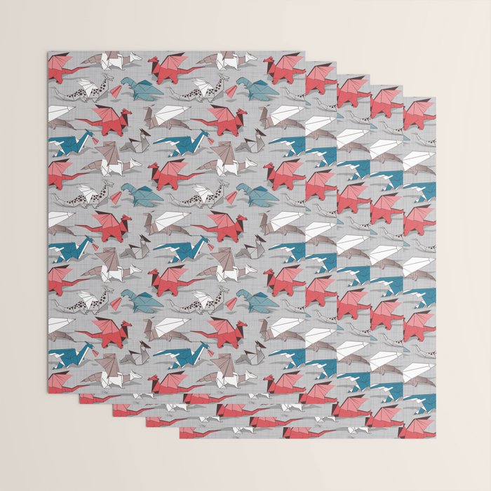 Origami dragon friends // linen texture background blue red grey and taupe fantastic creatures Wrapping Paper Gallery Image 3