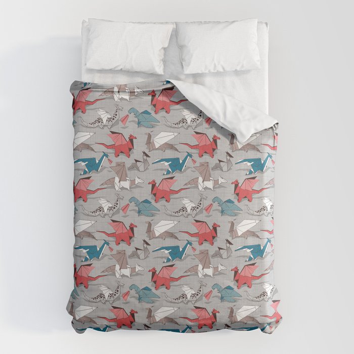 Origami dragon friends // linen texture background blue red grey and taupe fantastic creatures Duvet Cover Gallery Image 6