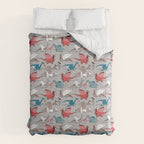 Origami dragon friends // linen texture background blue red grey and taupe fantastic creatures Comforter Gallery Image 6