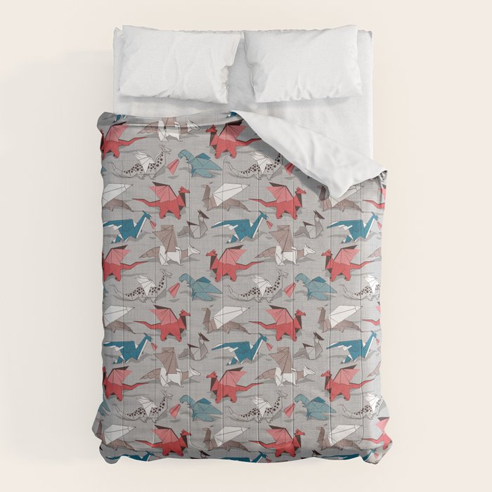 Origami dragon friends // linen texture background blue red grey and taupe fantastic creatures Comforter Gallery Image 6